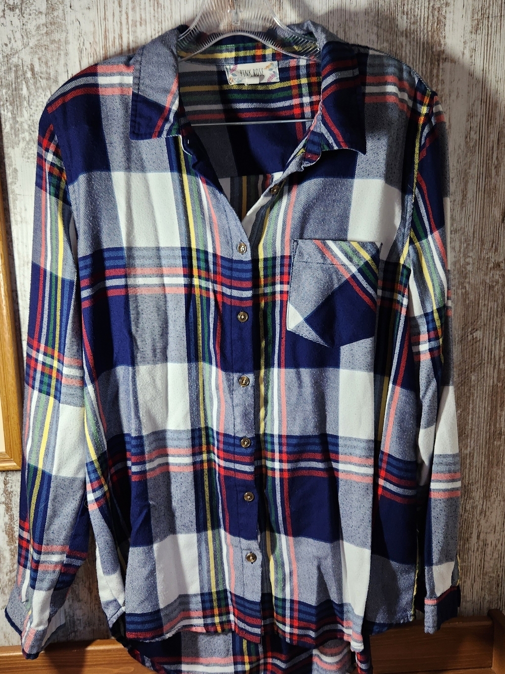 Pink Rose Navy White Plaid Button-Up Shirt with Red & Yellow Accents